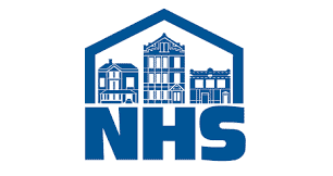 NHS community development building logo with cityscape design.